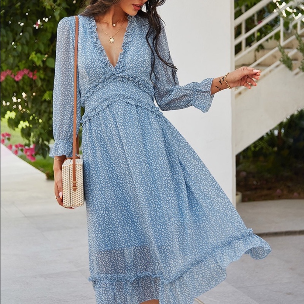 🆕Boho Floral Print Wavy Detailed Dress Lake Blue - Picture 4 of 7